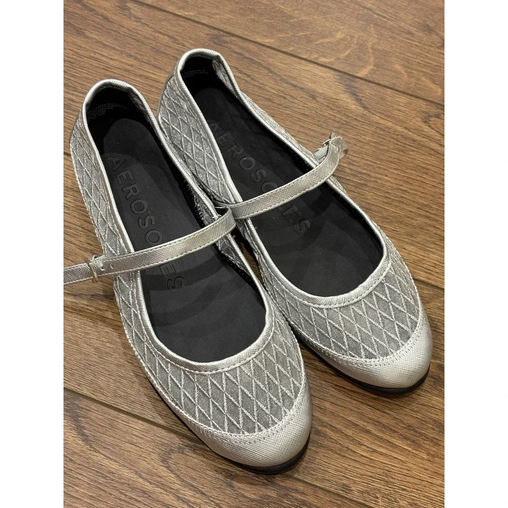 Woman's Ballet Flats Aerosoles Baylee Mary Jane Flat Silver Mesh Metallic Shoes